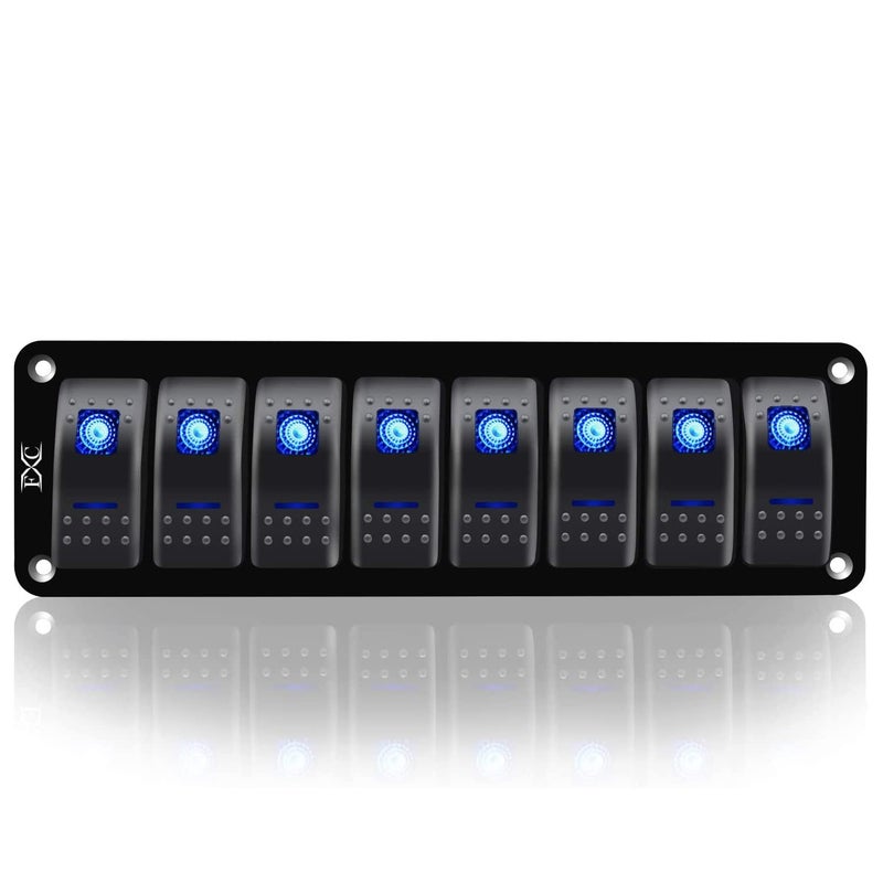 FXC Blue 8 Gang Rocker Switch Aluminum Panel Toggle Dash ON/Off Pre-Wired Switches Rocker Switch Panel Waterproof for 12V/24V Automotive Cars Marine Boats RVs Trailers - Image 1